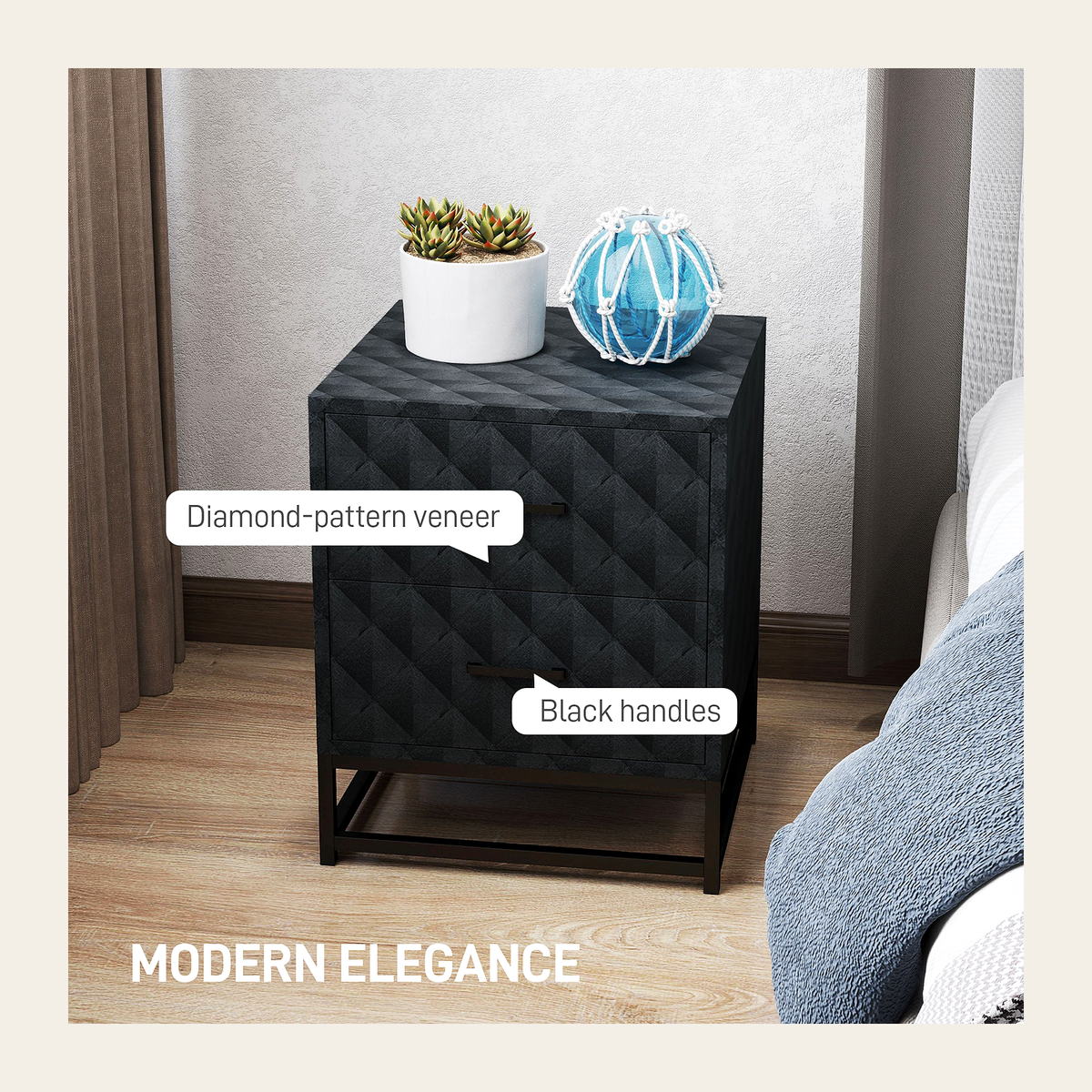 Rovenmere modern black bedside tables set of 2