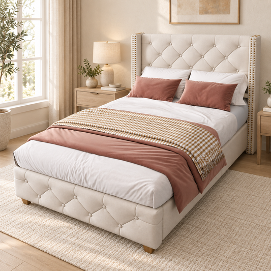 Beige linen button-tufted single bed