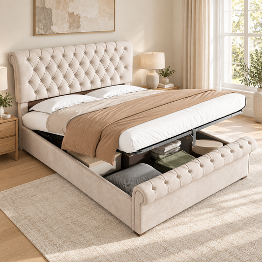 Beige velvet button-tufted hydraulic storage double bed