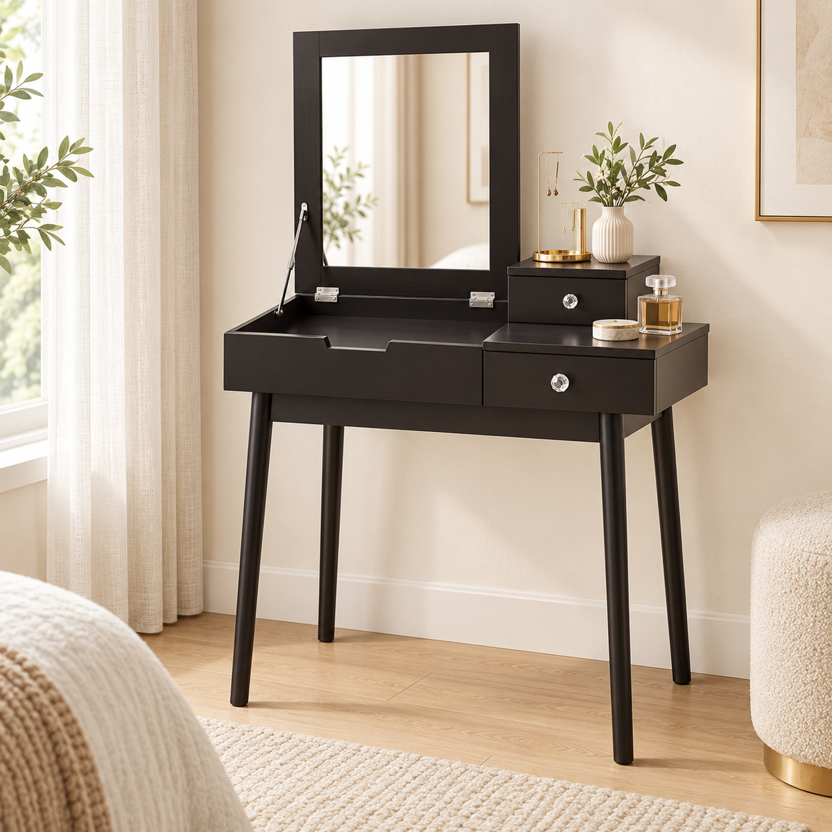 Black flip-top dressing table with mirror