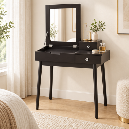 Black flip-top dressing table with mirror