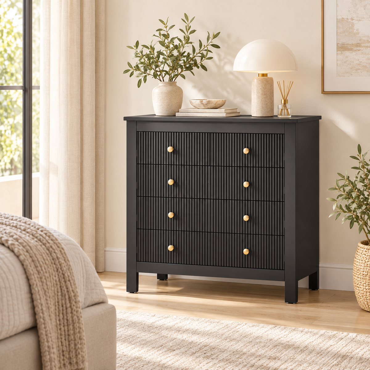 Black fluted five-drawer chest