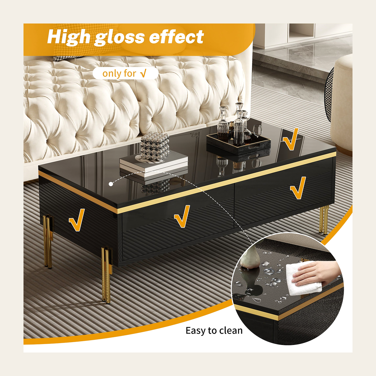 Black High-Gloss Coffee Table with Storage – Rovenmere Home