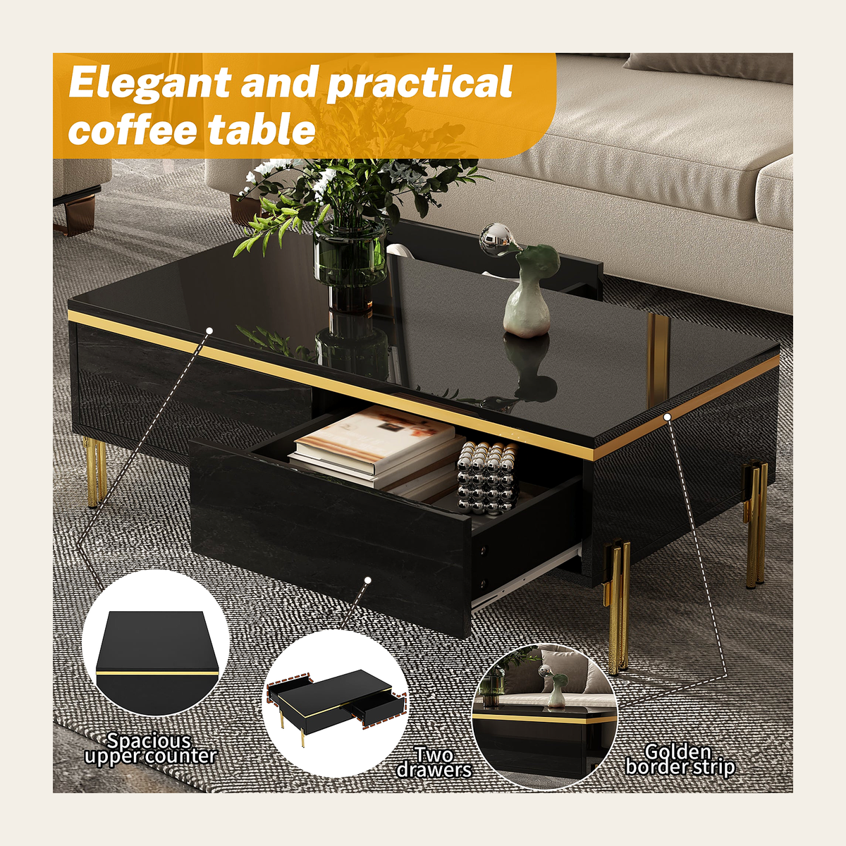 Black High-Gloss Coffee Table with Storage – Rovenmere Home
