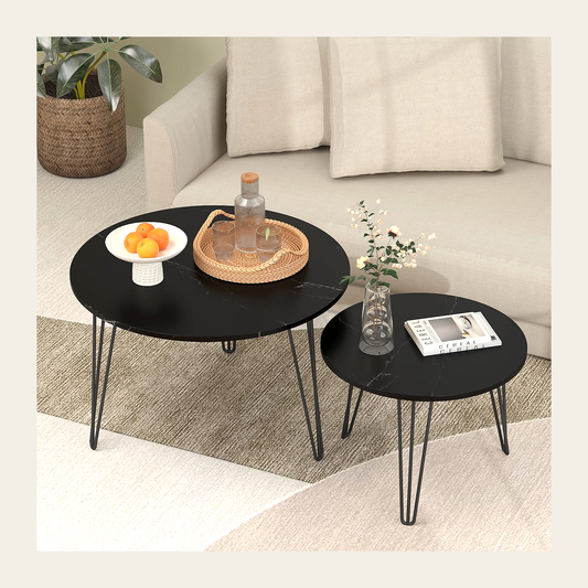 Black Marble-Effect Nesting Tables – Set of 2 – Rovenmere Home