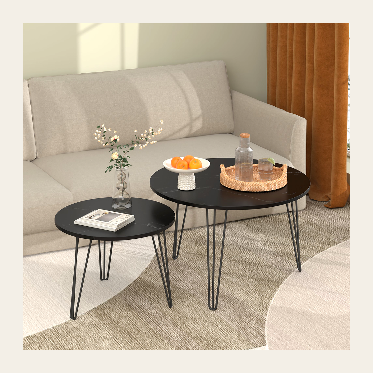 Black Marble-Effect Nesting Tables – Set of 2 – Rovenmere Home