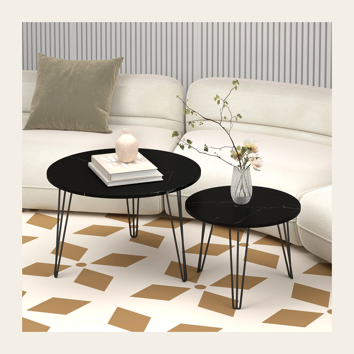 Black Marble-Effect Nesting Tables – Set of 2 – Rovenmere Home