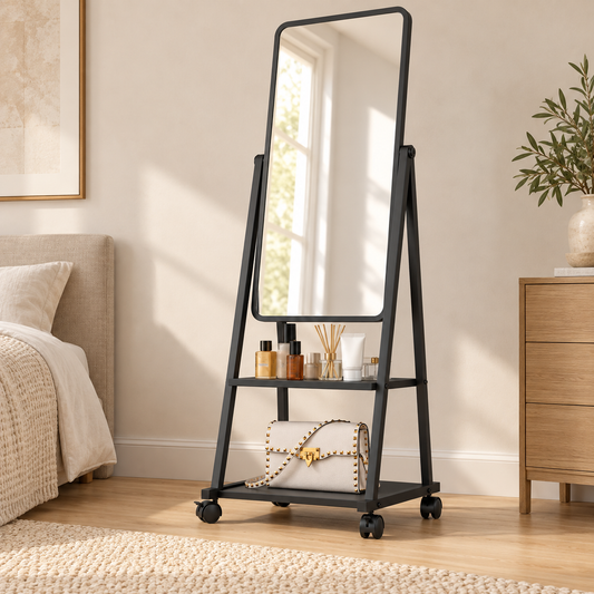 Black rolling full-length mirror with storage