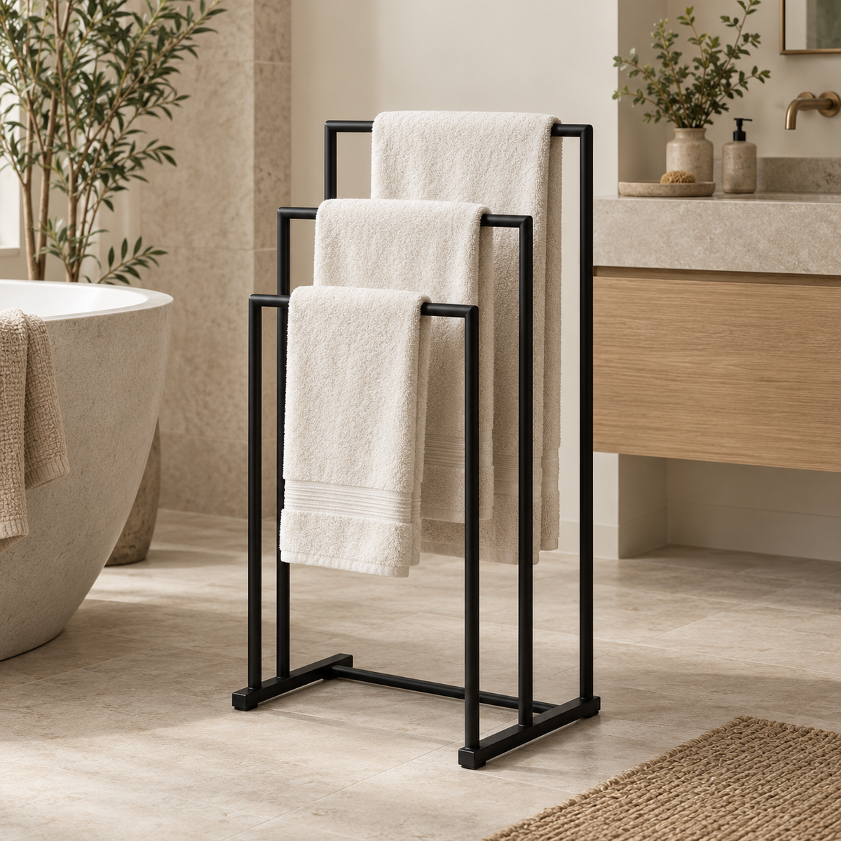 Black three-tier freestanding bathroom towel rail