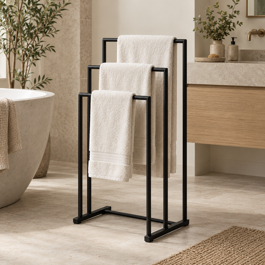 Black three-tier freestanding bathroom towel rail