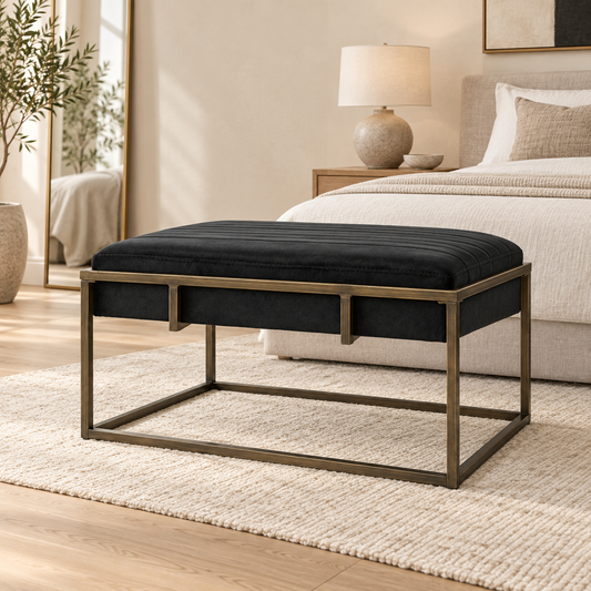 Black velvet bench with brass-tone frame