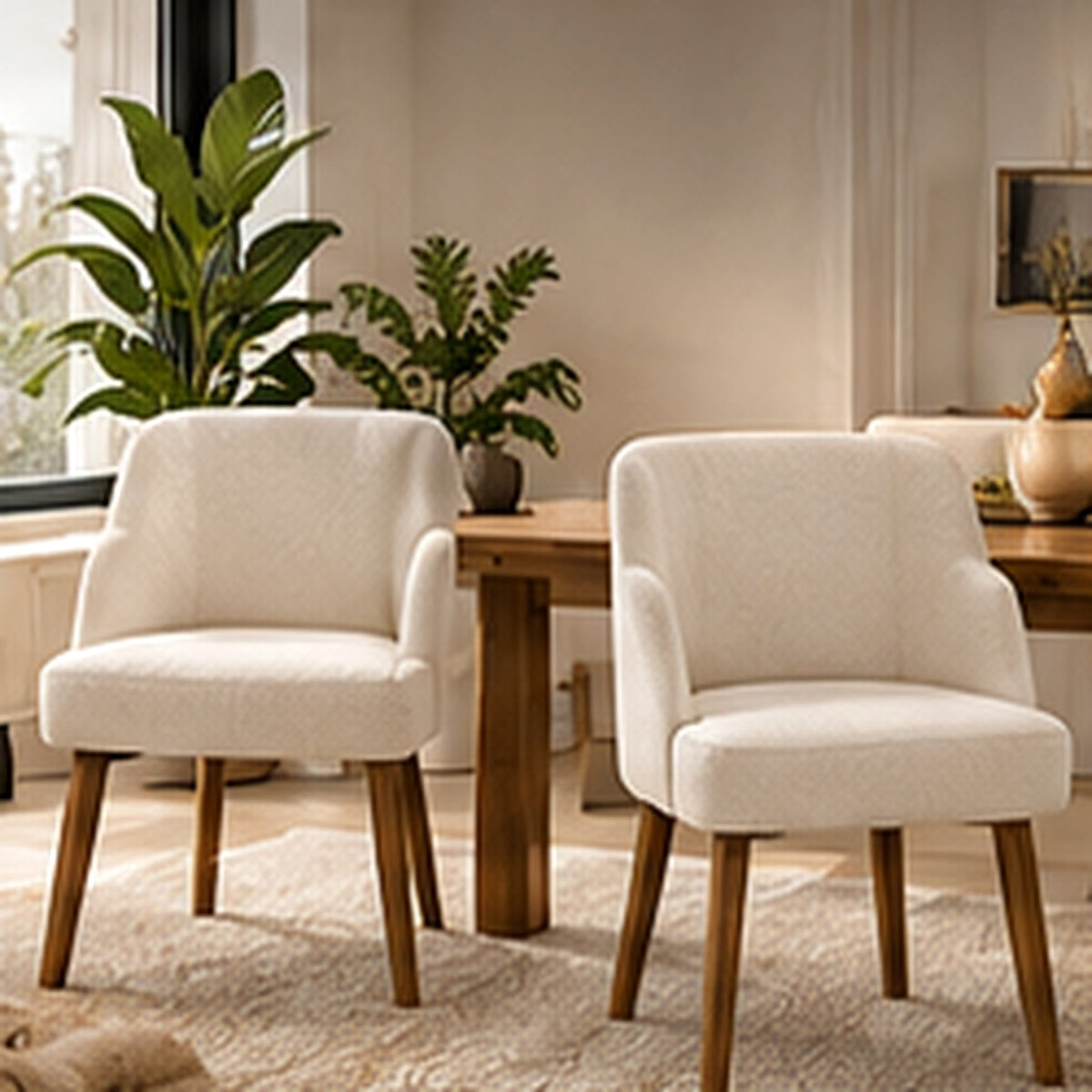 Rovenmere set of two boucle dining chairs with natural wood frames in a premium interior
