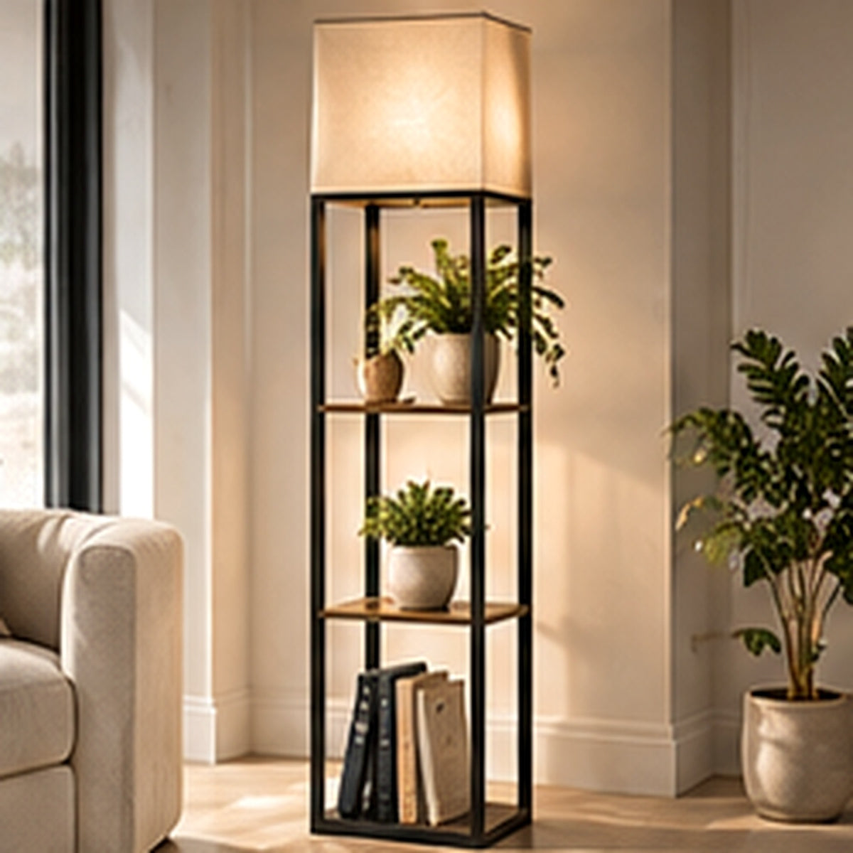 Rovenmere corner floor lamp with shelves in a warm contemporary living room