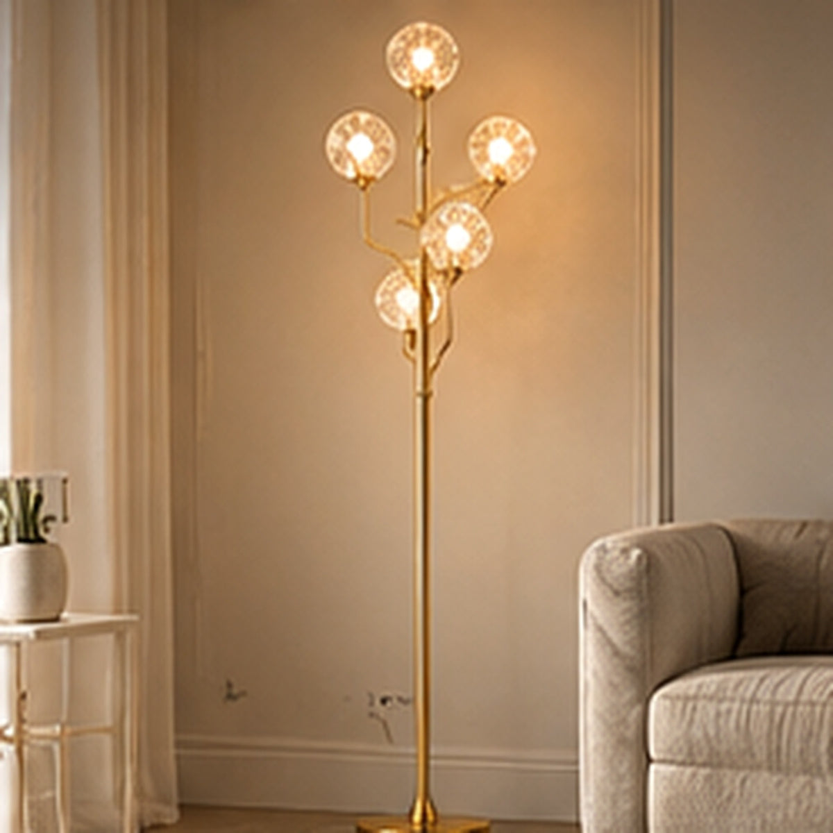 Rovenmere gold five-light crystal floor lamp in a refined neutral living room