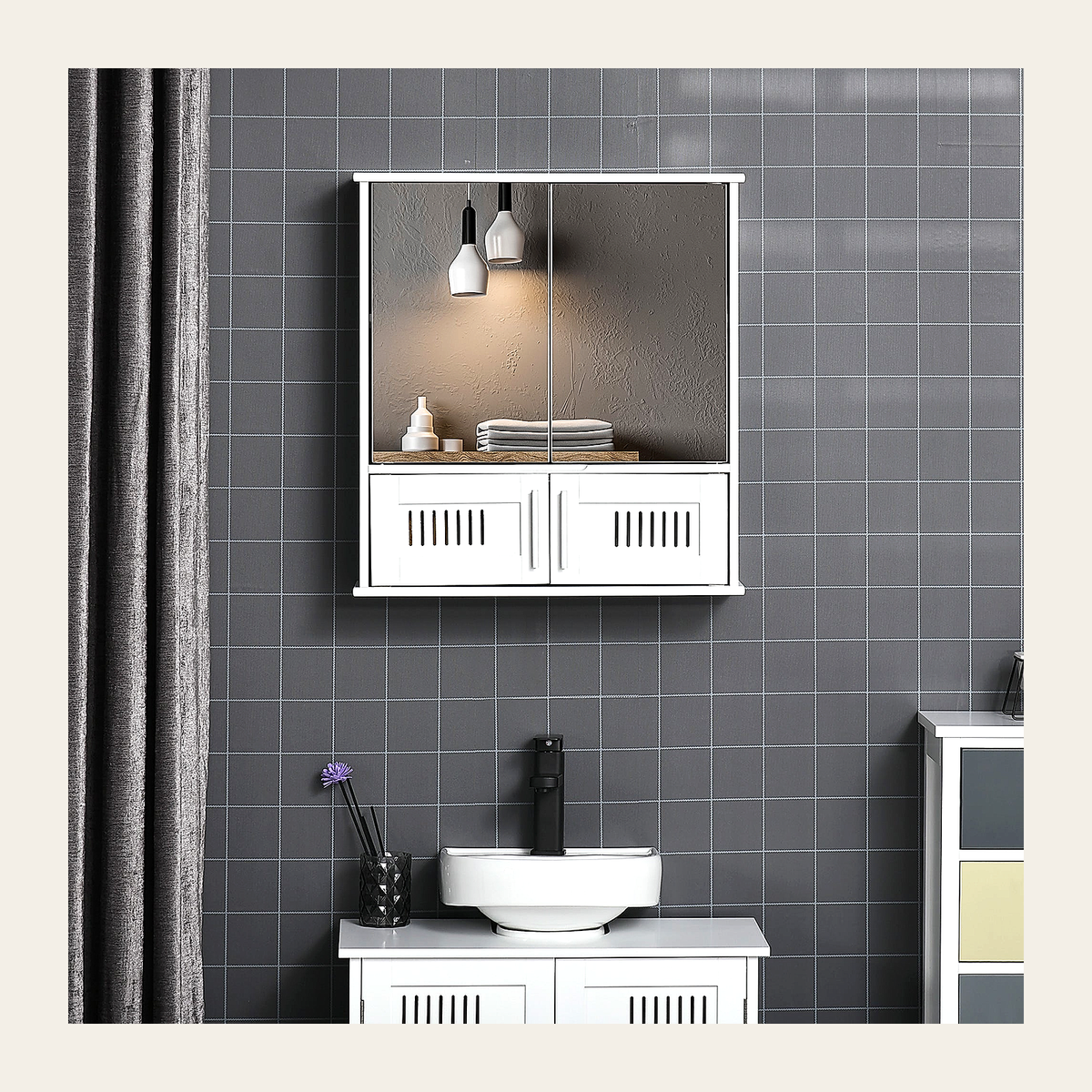 Double-Door Bathroom Mirror Cabinet – White – Rovenmere Home