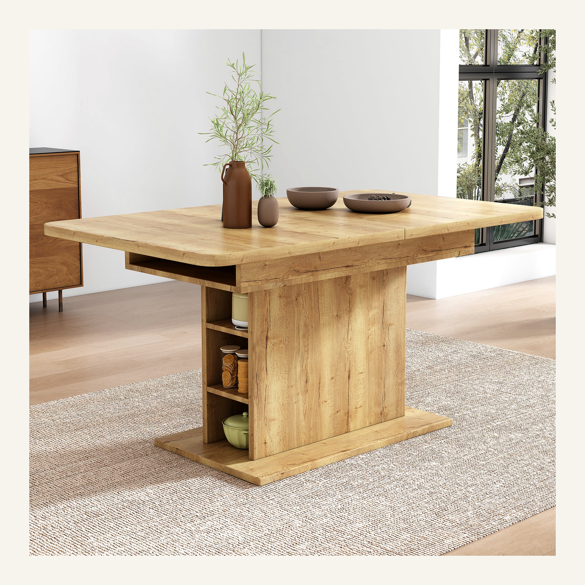Rovenmere extendable oak dining table with storage