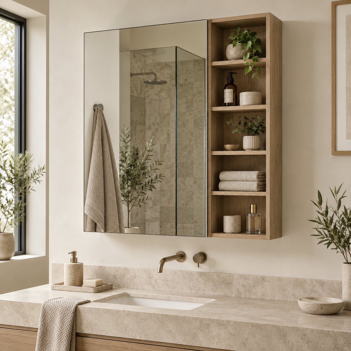 Five-shelf mirrored bathroom cabinet in wood effect