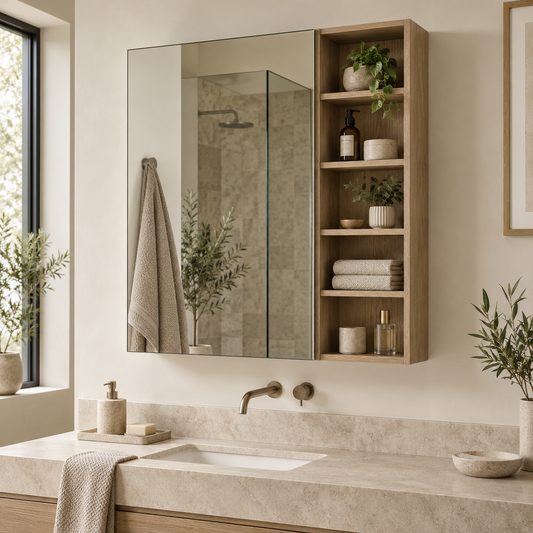 Five-shelf mirrored bathroom cabinet in wood effect