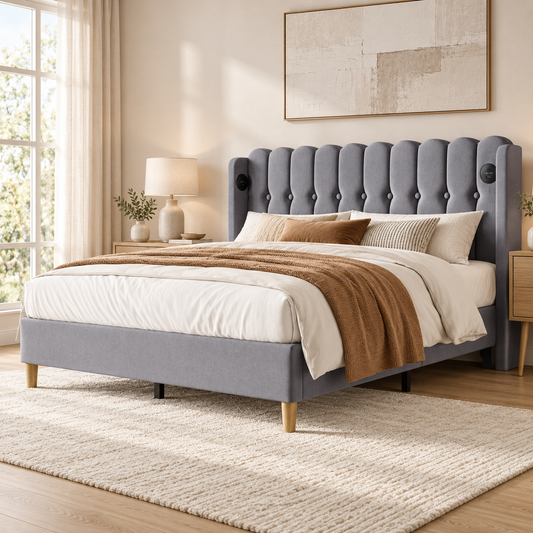Grey linen double bed with USB and Type-C charging