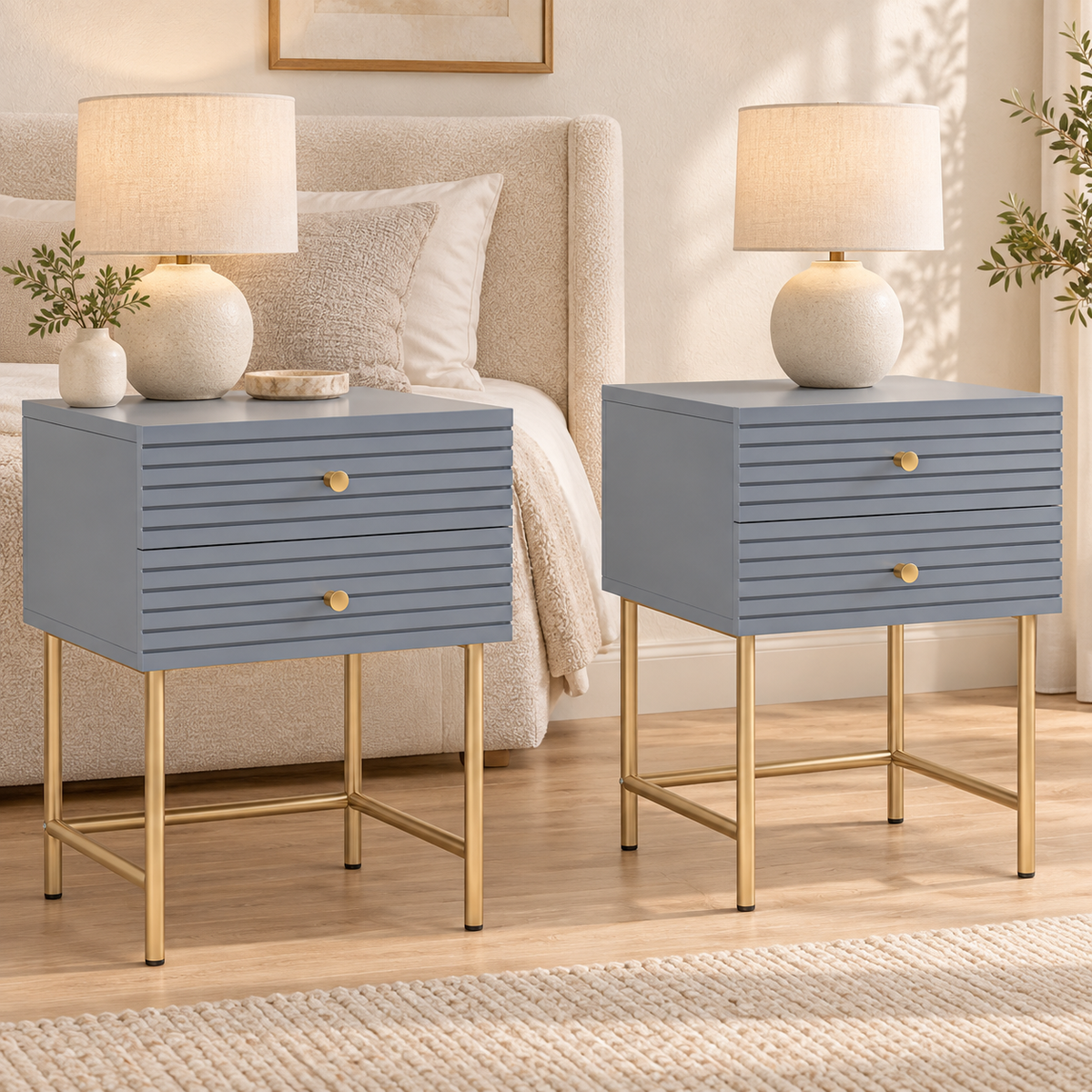 Pair of grey and gold two-drawer bedside tables