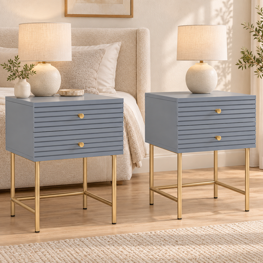 Pair of grey and gold two-drawer bedside tables