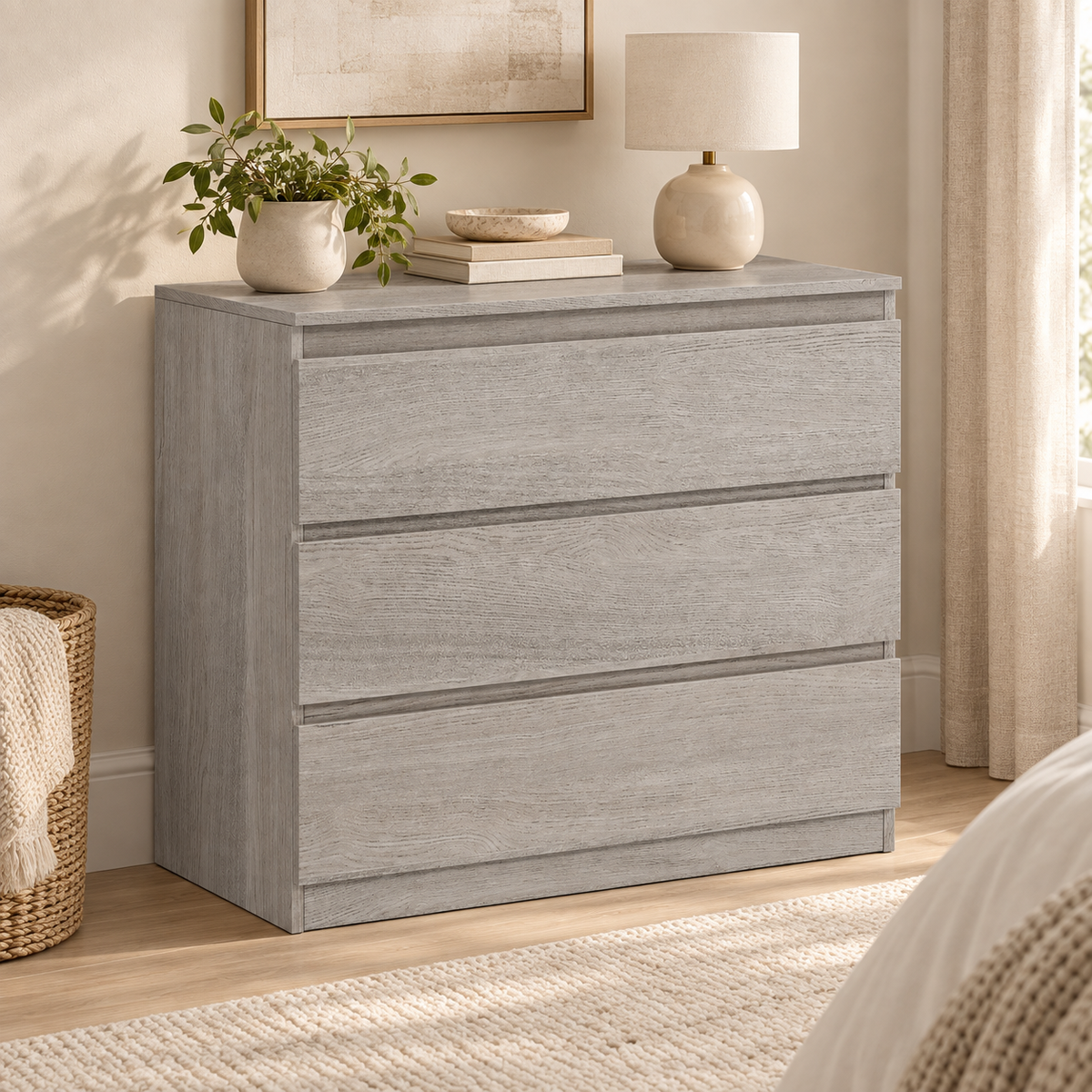 Grey wood-effect three-drawer chest