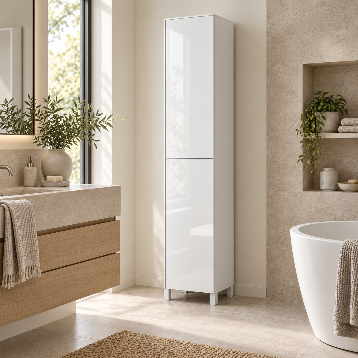 Premium high-gloss white tall bathroom cabinet