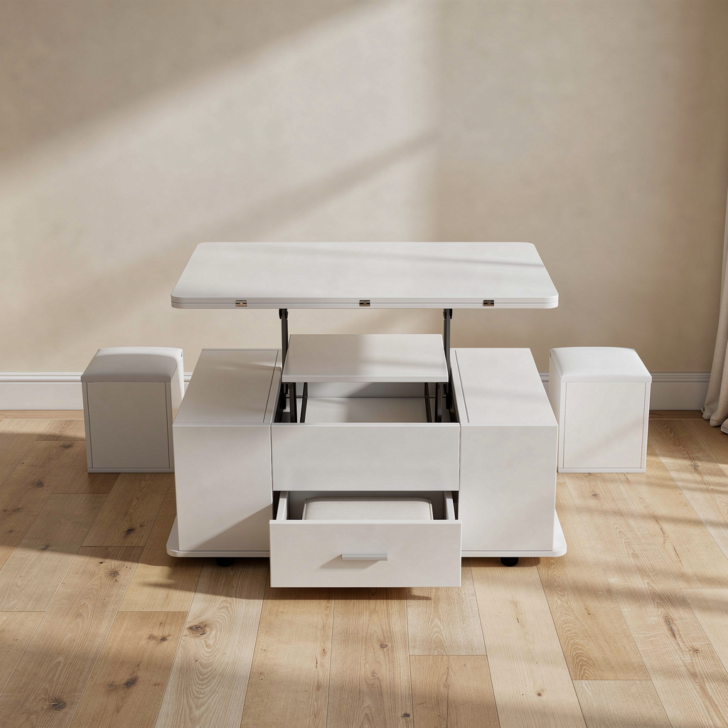 Rovenmere white lift-top convertible coffee table in a warm neutral living room