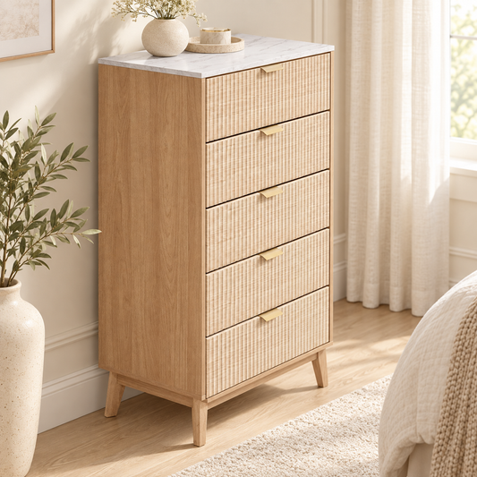 Light oak fluted five-drawer dresser