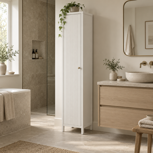 Line-embossed tall white bathroom storage cabinet