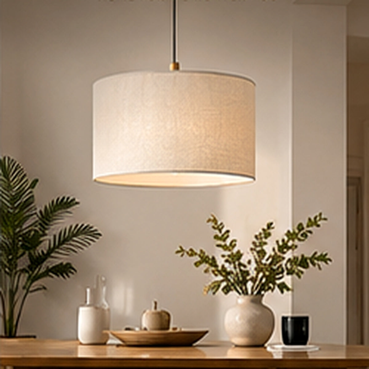 Rovenmere white linen pendant light in a warm minimalist interior