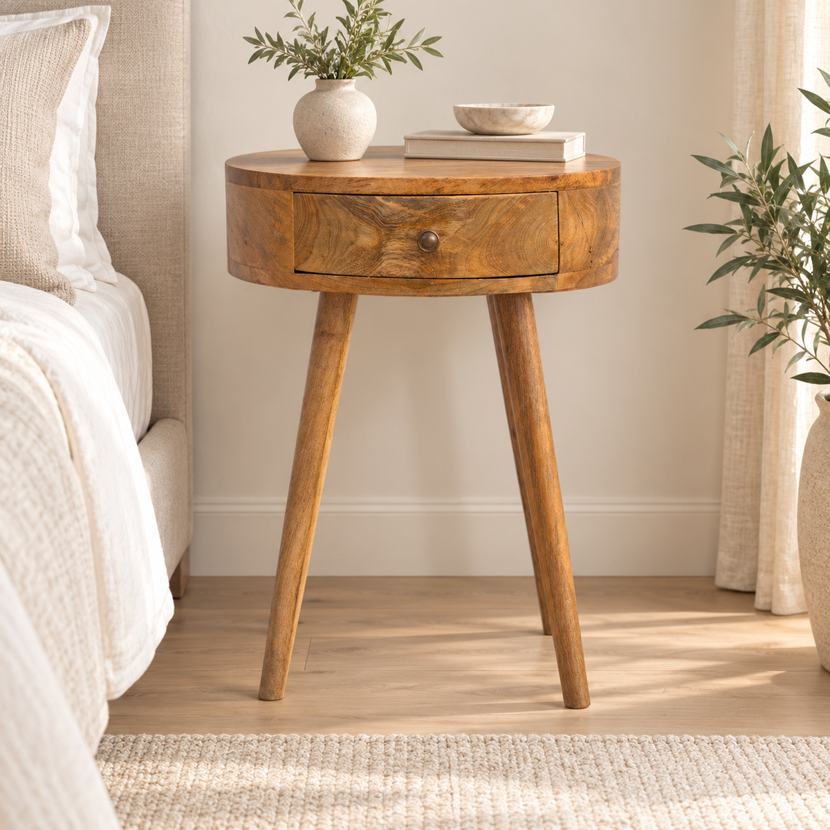 Solid mango wood round bedside table