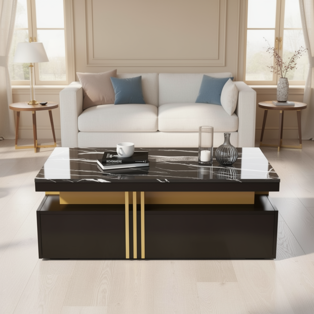 Rovenmere white marble-effect coffee table with drawers in a warm neutral living room