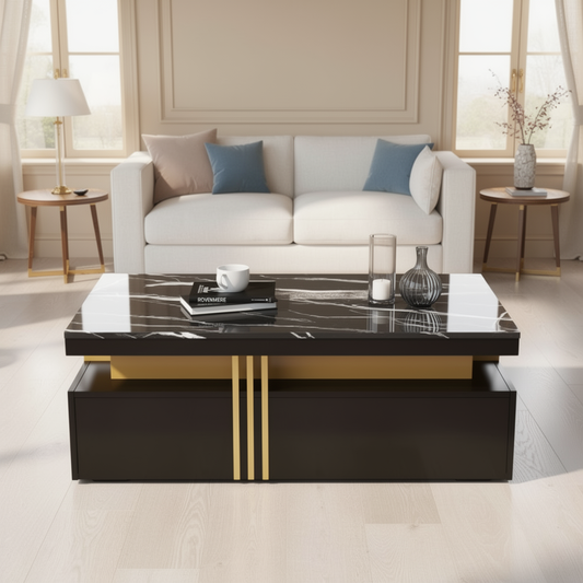 Rovenmere white marble-effect coffee table with drawers in a warm neutral living room
