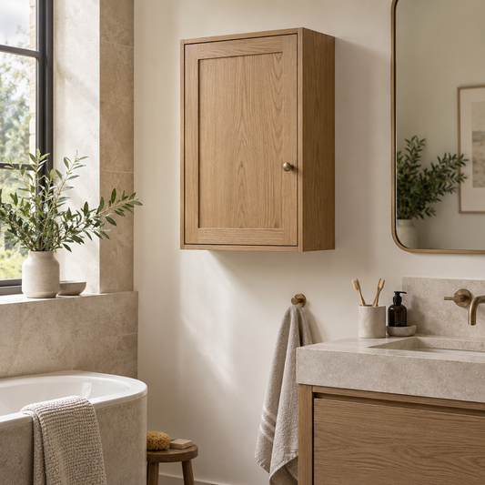Oak bathroom wall cabinet with adjustable shelf