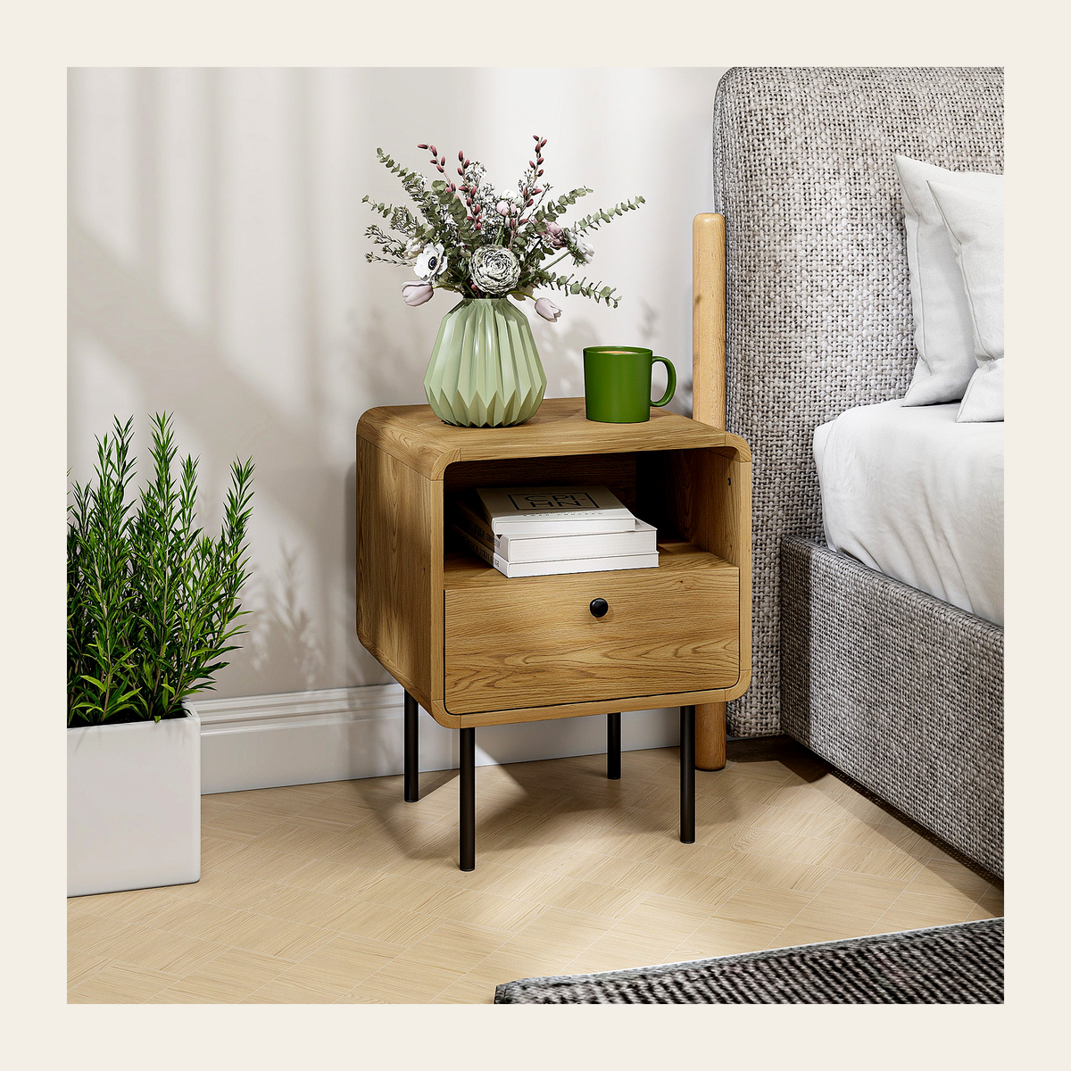 Oak-Effect Bedside Table with Drawer & Shelf – Rovenmere Home
