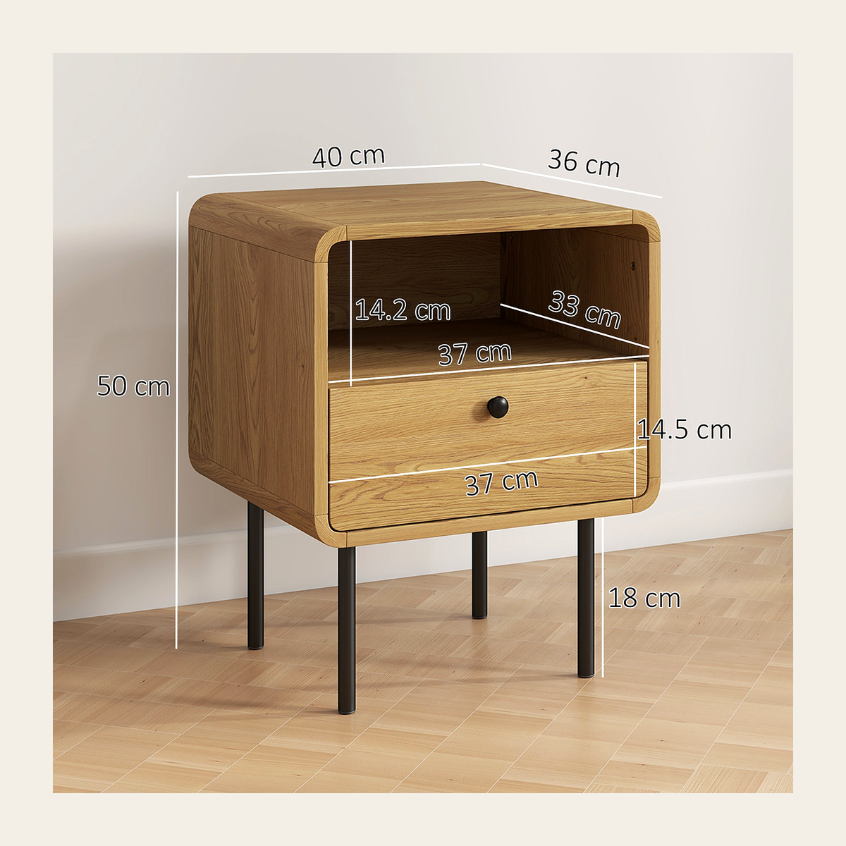 Oak-Effect Bedside Table with Drawer & Shelf – Rovenmere Home