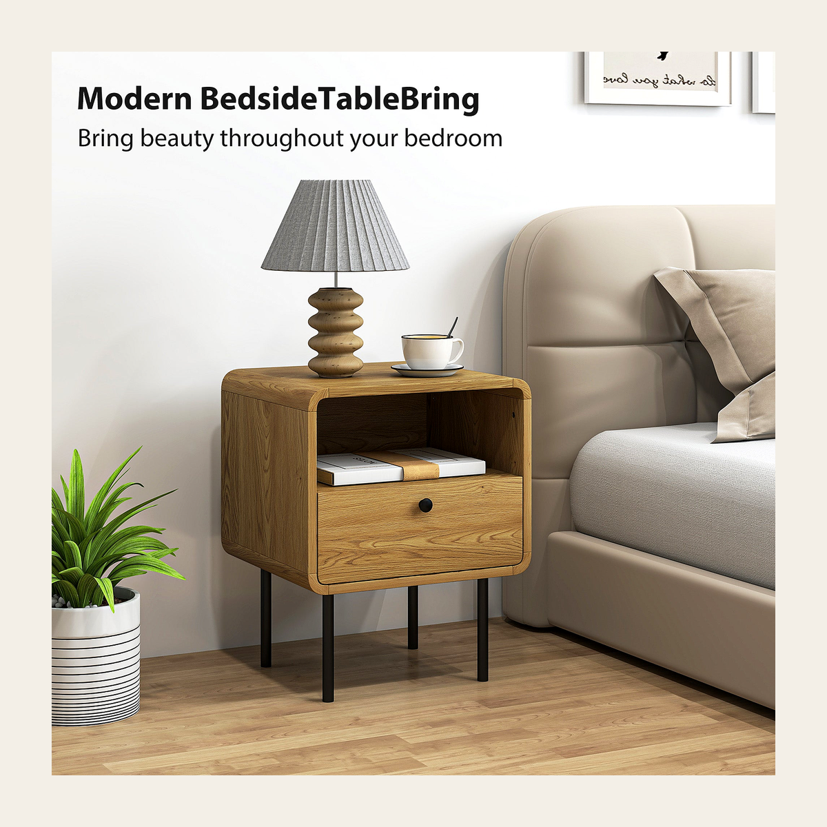 Oak-Effect Bedside Table with Drawer & Shelf – Rovenmere Home