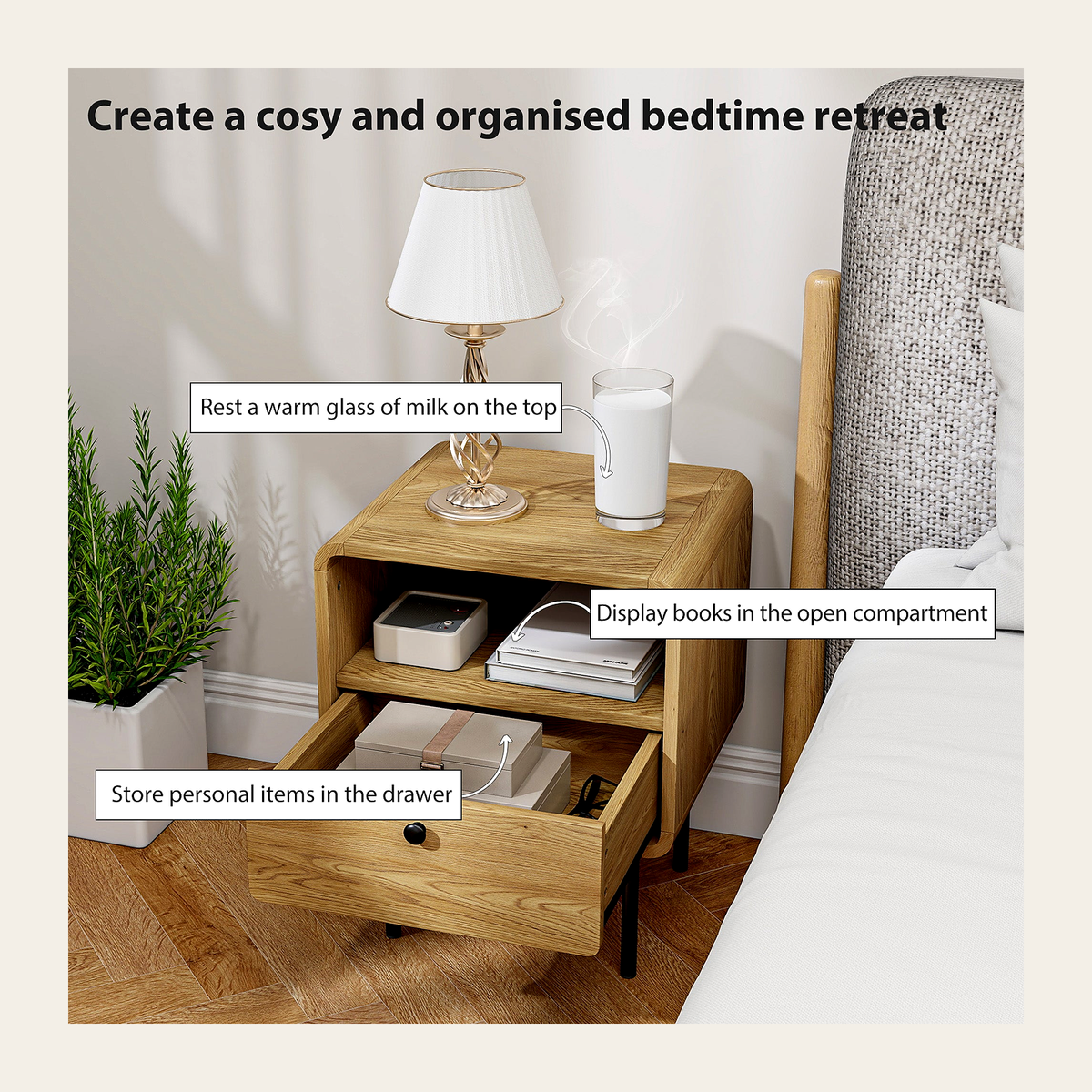 Oak-Effect Bedside Table with Drawer & Shelf – Rovenmere Home