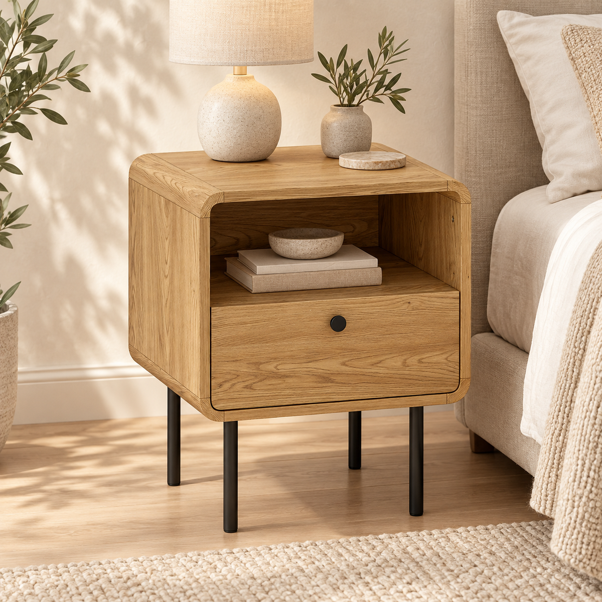 Oak bedside table with drawer and shelf