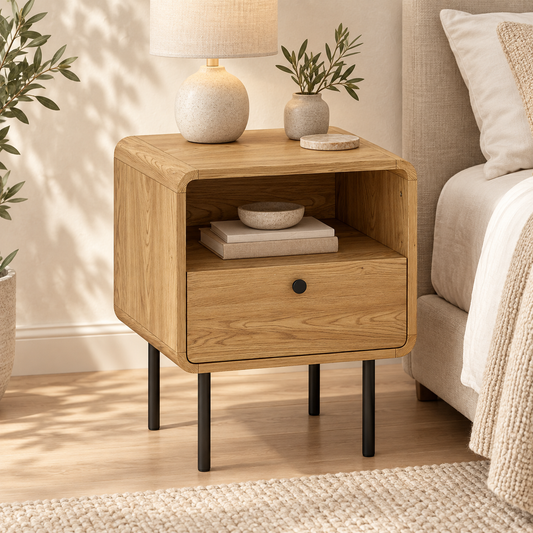 Oak bedside table with drawer and shelf
