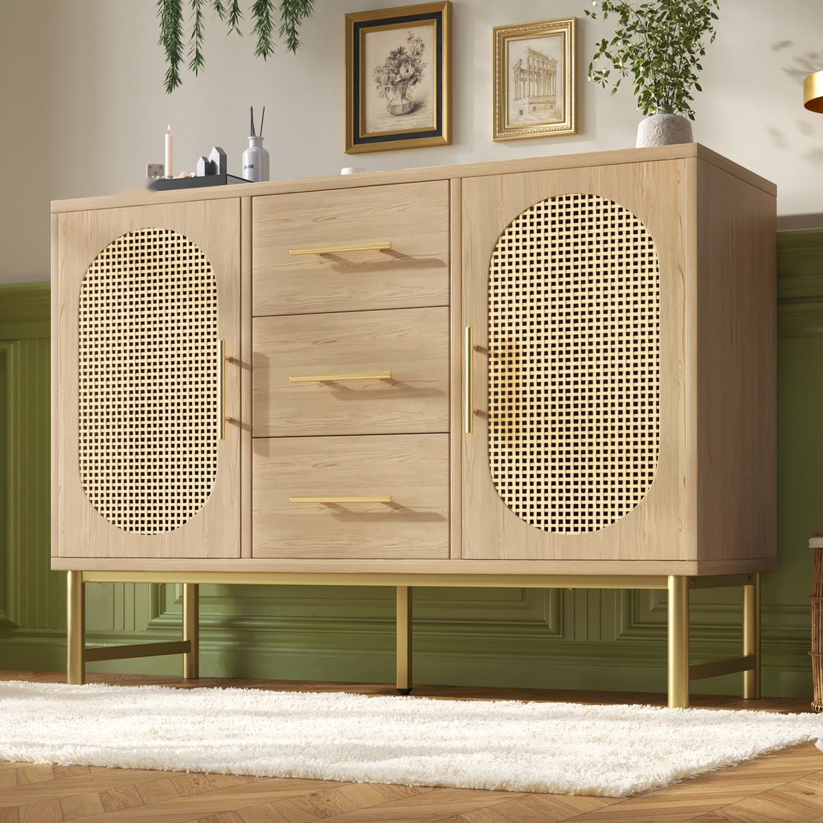 Oak rattan sideboard with three drawers