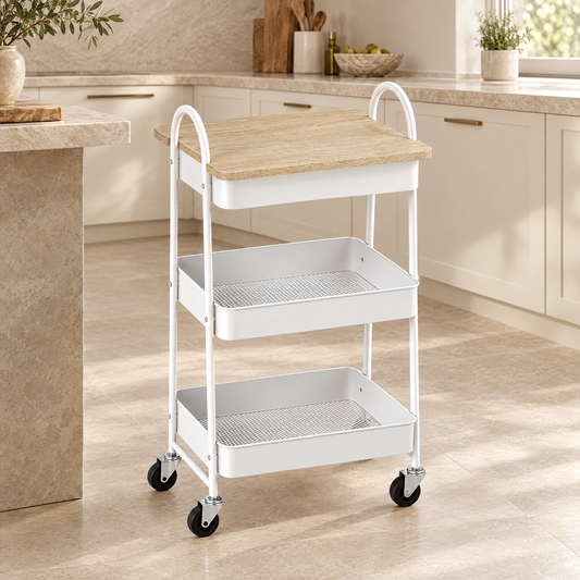 Oak & White Three-Tier Storage Trolley – Rovenmere