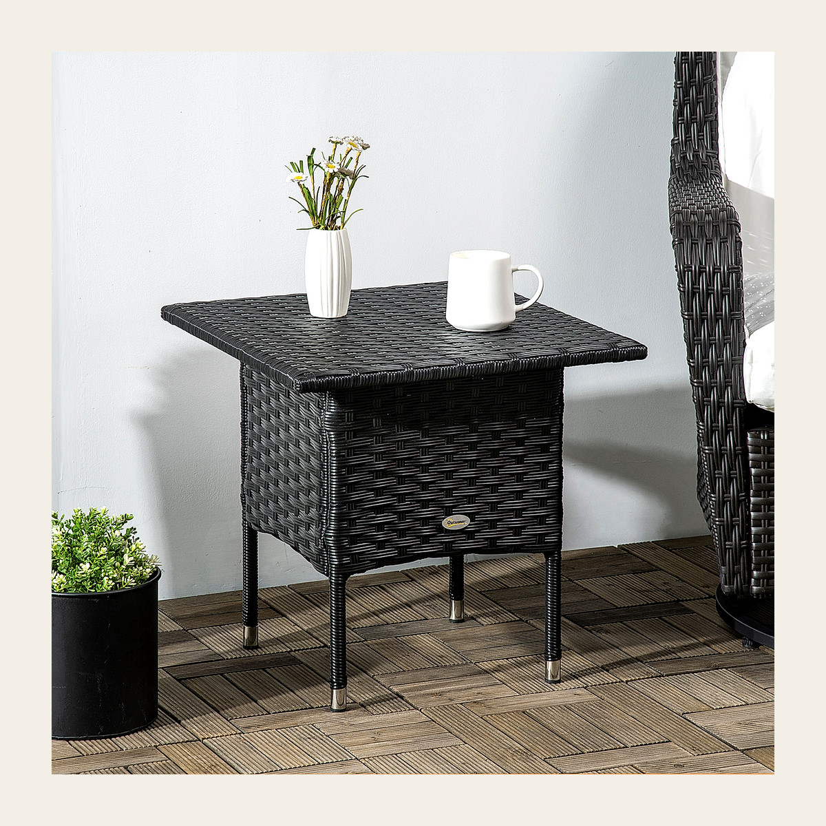 Woven Rattan Outdoor Side Table – Black – Rovenmere Home