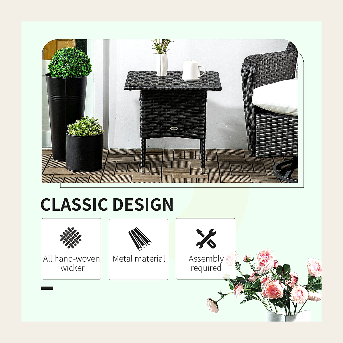 Woven Rattan Outdoor Side Table – Black – Rovenmere Home