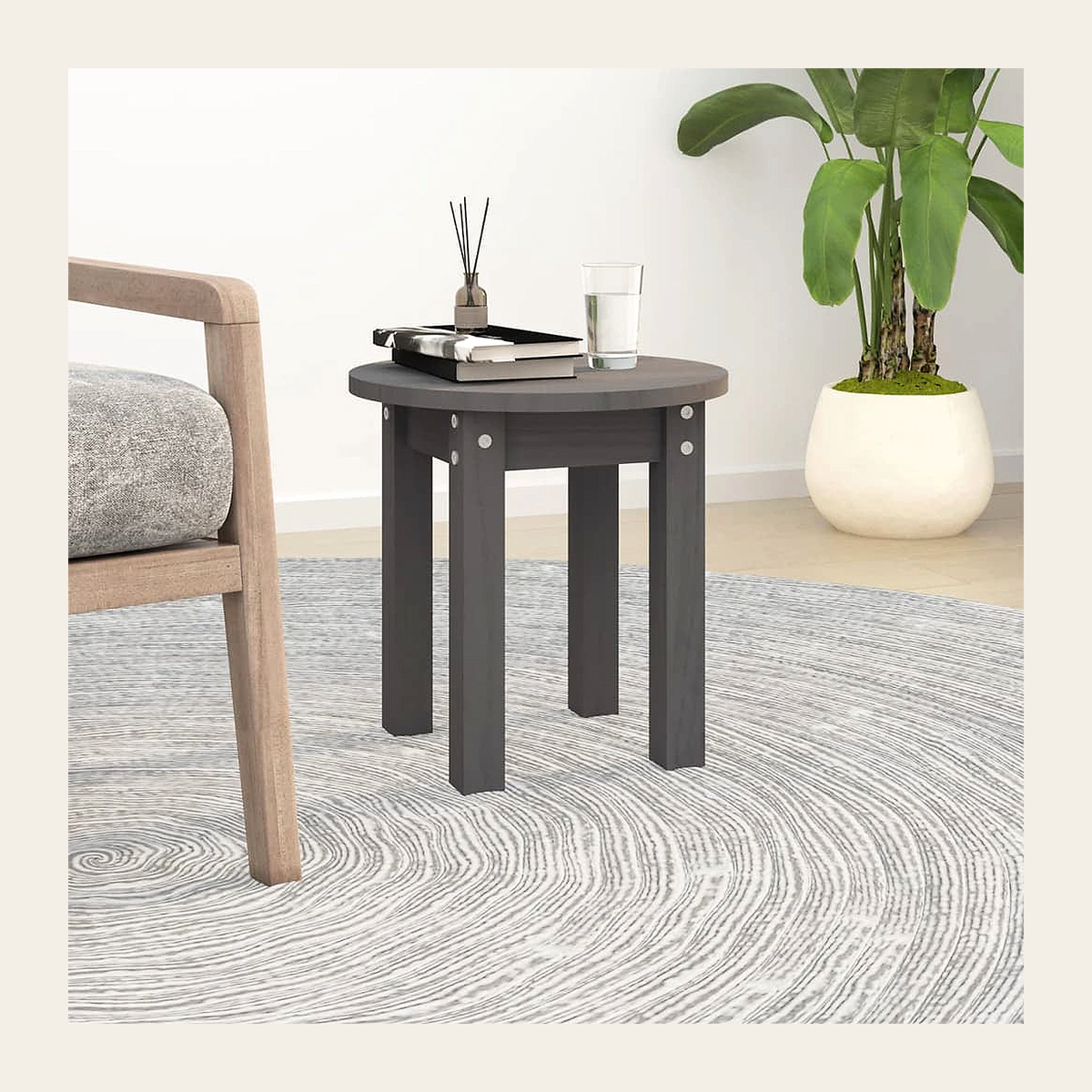 Round Solid Pine Side Table – Grey – Rovenmere Home