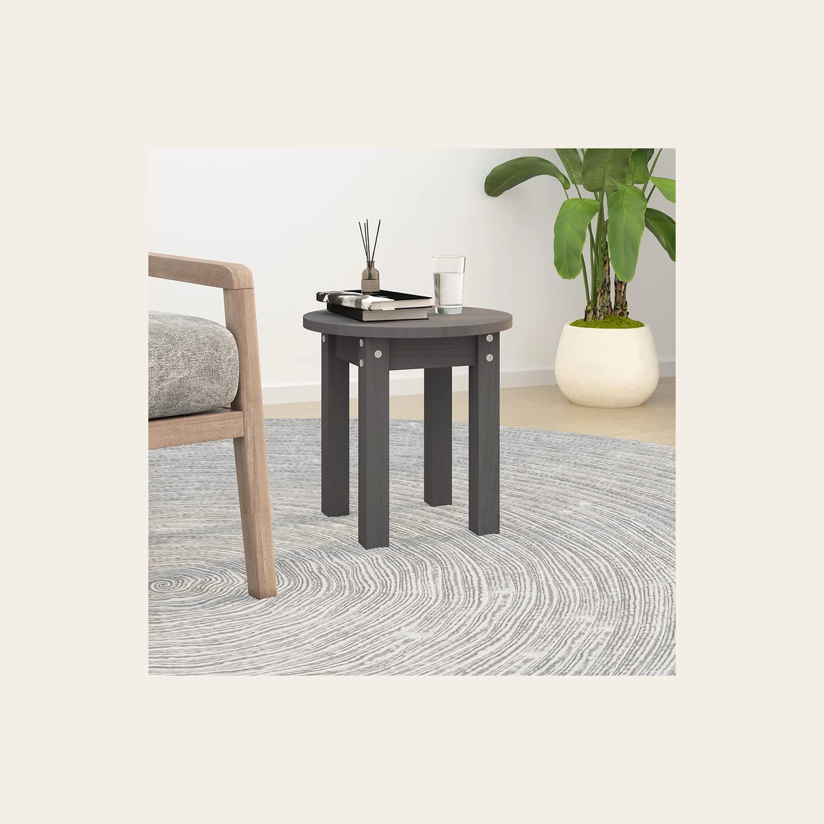 Round Solid Pine Side Table – Grey – Rovenmere Home