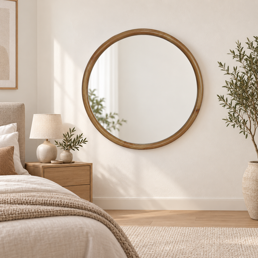 Round natural wood wall mirror