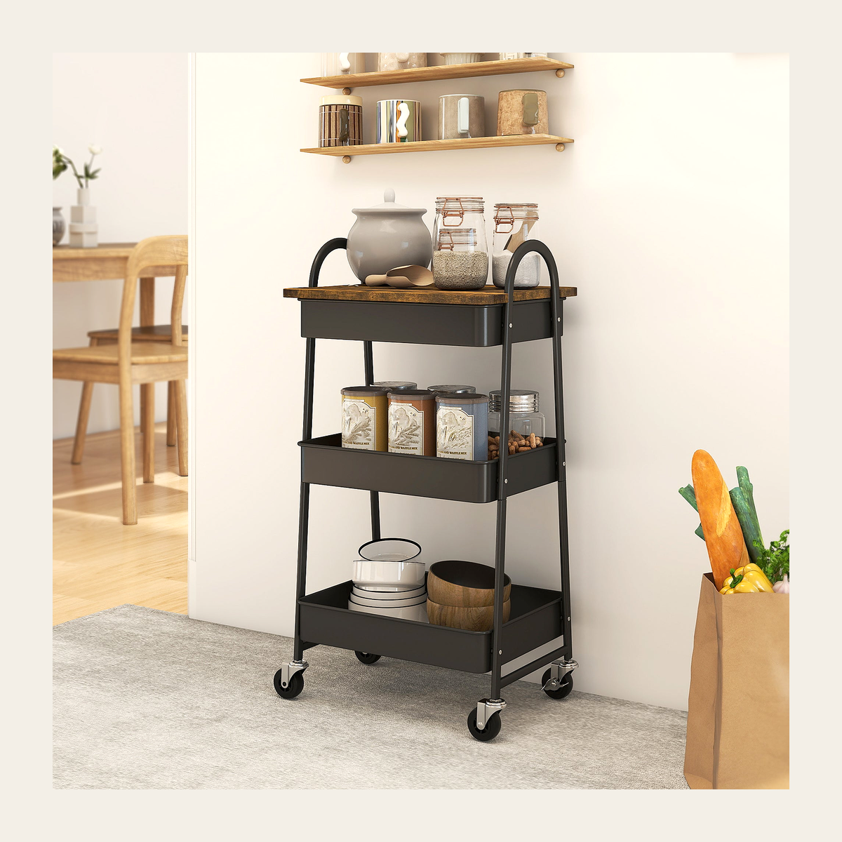 Three-Tier Mobile Storage Trolley – Rustic Brown – Rovenmere Home
