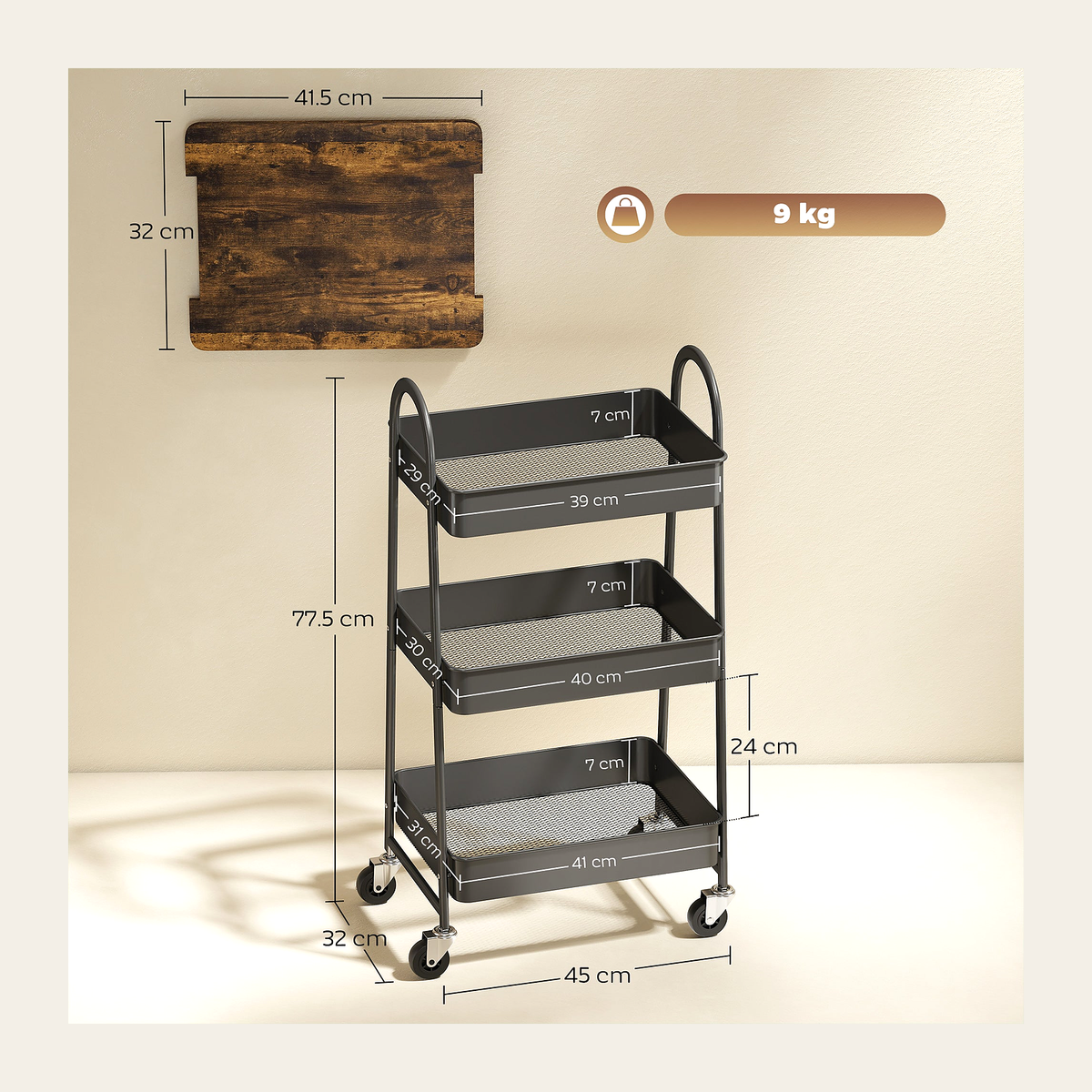 Three-Tier Mobile Storage Trolley – Rustic Brown – Rovenmere Home